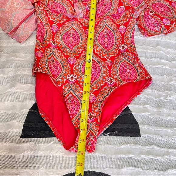 ATHENA Cold Shoulder Ruffle One-Piece Swimsuit Sz 10 Pink Red Geomatric Prints - Picture 7 of 10